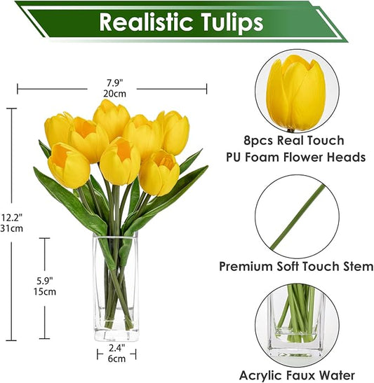 Briful Fake Flowers Artificial Tulip Flower in Clear Vase, Yellow Real Touch Foam Tulip Arrangement Suitable for Home Office Decoration, Dining Table Centerpiece