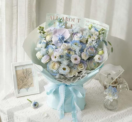 LeZakaa 20 Sheets Flower Wrapping Paper - Waterproof Reversible Floral Bouquet Paper - Sky Blue Design for Father's Day, Graduation, Party, Holiday