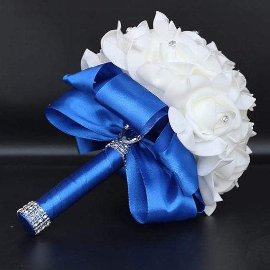 Wedding Bouquet, Royal Blue Bouquet for Bride Bridesmaid with Diamond Soft Ribbons, Artificial Rose Bridal Holding Flowers for Party Church