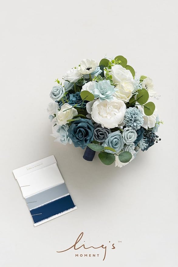 Ling's moment Dusty Blue Bridal Bouquet for Bride, Blue Wedding Bouquets for Bride, 9 Inch Silk Round Artificial Wedding Flowers Bouquets