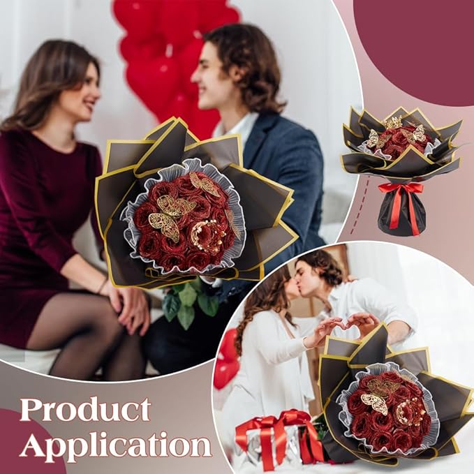 BENECREAT 40Sets DIY Flower Bouquet Kit with Glitter Artificial Roses, Flower Wrapping Paper, 3D Butterflies, Crowns and Stems for Anniversary Weddings Graduation Home Decor