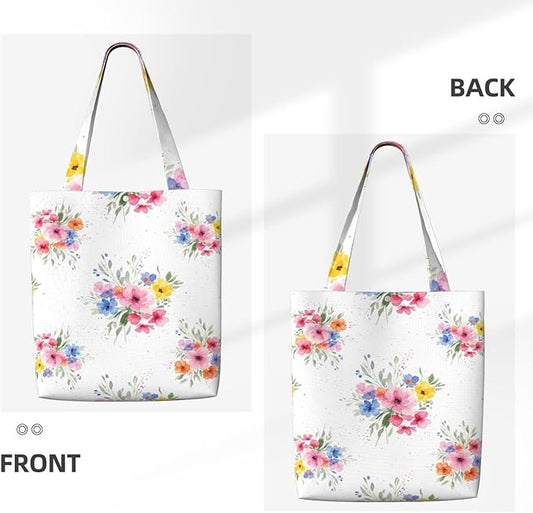 Canvas Tote Bag, Floral Bouquet Aesthetic Cute Girls Women Reusable Grocery Shopping Shoulder Bags for Book, Travel, Work