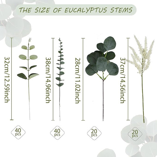 Artificial Eucalyptus Leaves Stems 120 Pcs 4 Kinds Mixed Fake Silver Dollar Eucalyptus Leaves Stem Bulk Faux Leaf for DIY Bouquets Floral Arrangement Wedding Home Decor