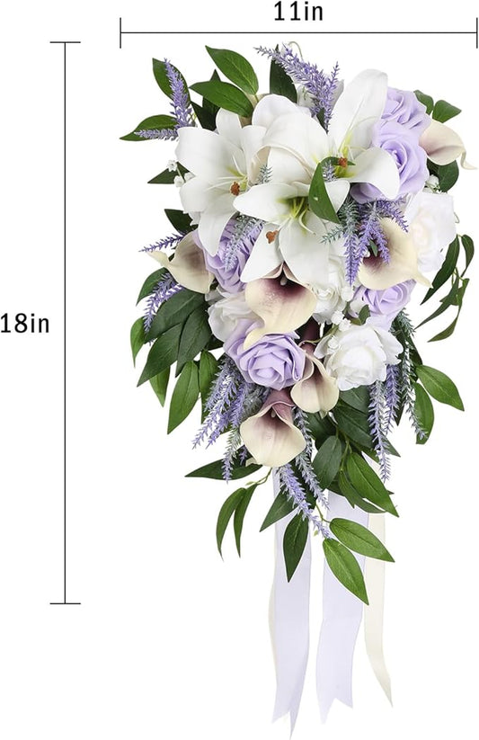 Wedding Bouquet,11 Inch Bridal Bouquet Cascading Wedding Bouquets for Bride for Wedding Ceremony and Anniversary(Lilac & White)