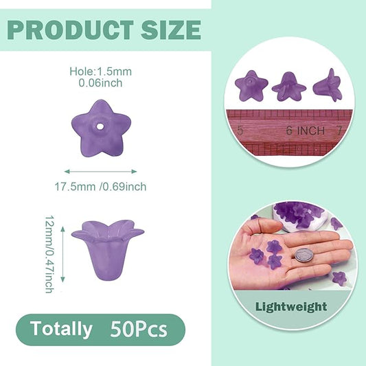 Crafans 50Pcs Frosted Acrylic Flower Beads Purple Flower Bead Caps Transparent Floral Pendants Clear Loose End Spacer Beads for Jewelry Making 17.5x12x1.5mm