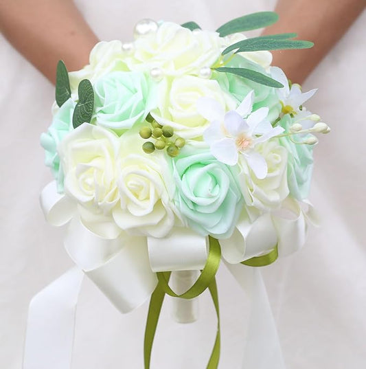 Lightweight Bridal Wedding Bouquet Round Holding Bouquet Throw Toss Artificial Rose Flower Bunch for Bride Bridesmaid Wedding Quinceanera (Cream & Light Cyan, 9.1")