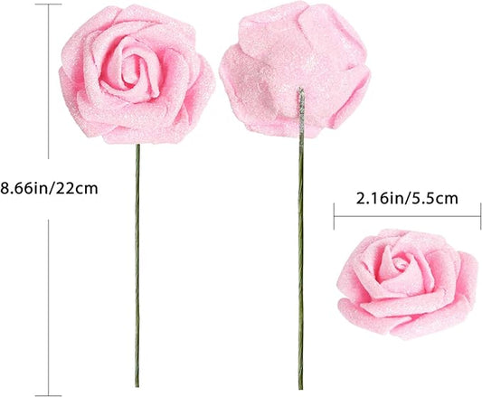 Artificial Flowers Glitter Flowers Foam Roses 30 PCS Pink Roses Foam Flowers Glitter Roses with Stem Fake Flowers for DIY Wedding Bridal Bouquet Party Centerpieces Decor(Pink)