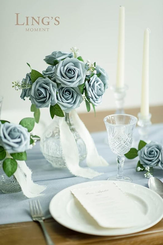 Ling's moment Artificial Flowers 25Pcs Dusty Blue Roses Decor w/Stems,3" Real Touch DIY Foam Floral for Wedding Bouquet/Centerpieces, Outdoors Party Backdrop, Room/Table, and Garden/Pot Decorations
