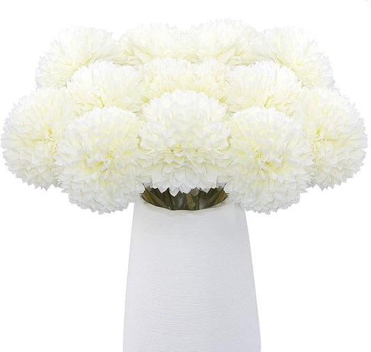 12 Pcs Artificial Chrysanthemums Flowers Silk Ball White Flowers Fake Mums Spring Flowers for Valentine‘s Day Wedding Home Decor (12, White)
