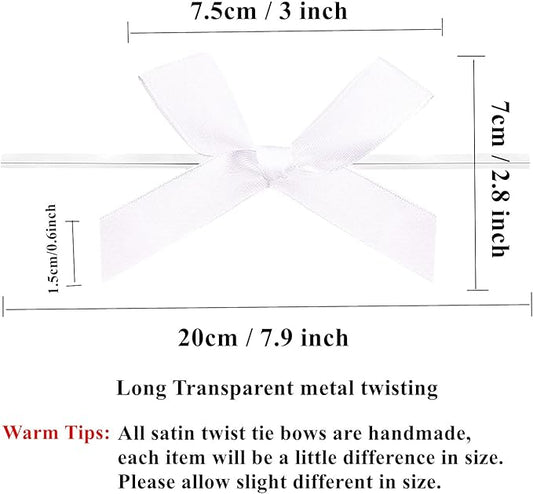 100 Pack 3" White Ribbon Twist Tie Bows, Pre Tied Bows for Gifts, Bow Ties for Bags, Twist Bows for Treats, Bow Twist Ties, Ribbon Bows with Twist Ties, Pretied Bows for Lollipops Cake Pops