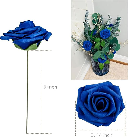 Royal Blue Roses Artificial Flowers (Near Navy Blue) 50 PCS, Fake Rose Flower Heads Flowers with Stem for DIY Bouquets Wedding Decorations Centerpieces Arrangements Party Home Decor