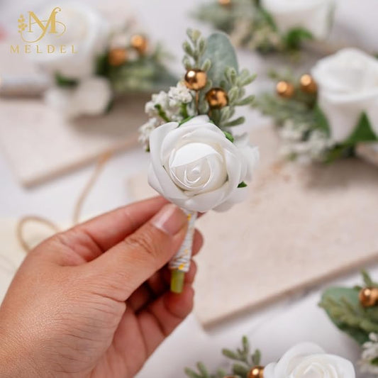 Meldel White Boutonniere for Men Wedding,Set of 6,Groom and Groomsman Boutonniere for Wedding,Greenery Rose Corsage for Men Ceremony Anniversary Party Prom Homecoming
