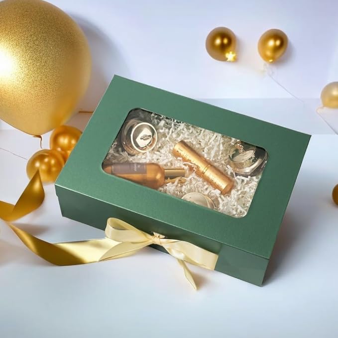 Green Gift Box for Presents with Ribbon 10.8x7.5x3.5 Inches Clear Gift Box with Window Magnetic Closure Gift Boxes with Lids