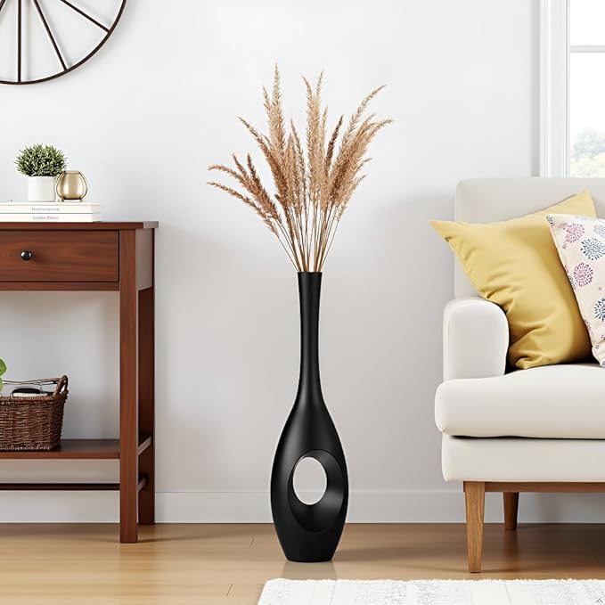 23.6" Black Floor Vase – Donut-Shaped Oval Body with Slim 3cm Neck, Modern Tall Decorative Vases for Living Room, Entryway, Office Decor – Resin Tall Floor Vase