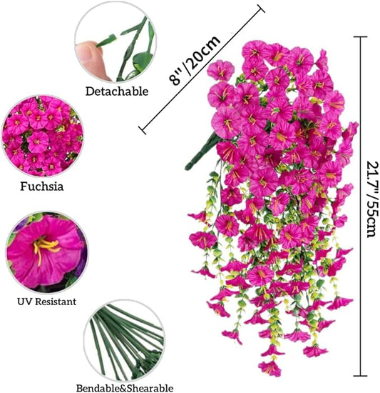 4PCS Artificial Hanging Flowers for Outdoor Decor UV Resistant Fake Morning Glory Realistic Silk Spring Summer Hanging Plants for Porch Patio Balcony Yard (Fuchsia)