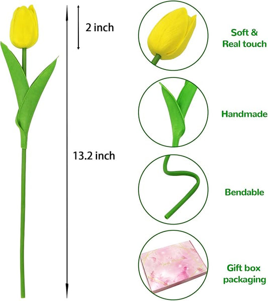 28pcs Yellow Flowers Artificial Tulip Stems Real Feel PU Tulips for Easter Spring Wreath Wedding Bouquet Centerpiece Floral Arrangement Cemetery Table Décor 13" Tall