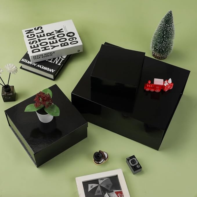 6 Pcs Small Black Gift Box 8x8x4 Inch Magnetic Gift Box Small Magnetic Box with Crinkle Paper Black Small Gift Box with Shredded Paper Luxury Gift Boxes with Lids for Presents