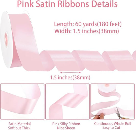 Pink Ribbon 1 1/2 Inch 60 Yards Light Pink Satin Ribbon for Flower Bouquet Handmade Bows Roses Garland Leis Christmas Garden Decor Bridal Baby Shower Wedding