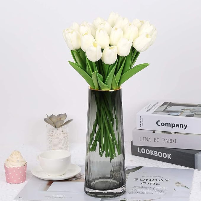 IPOPU Real Touch Tulips 24PCS Artificial Tulips Flowers for Decoration Cream Fake Tulips Floral Arrangements Artificial Faux Tulips Decor for Table Home Decor Baby Shower Centerpieces (Off White)
