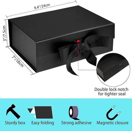 Black Luxury Magnetic Gift Box with Lid, Ribbons and Gift Bag, Medium Size-9.4x7x3 Inches, Great for Christmas, New Year, Wedding, Birthdays, Man