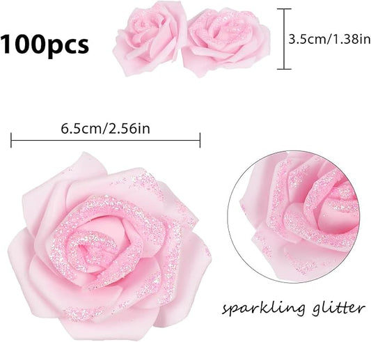 100pcs Light Pink Glitter Roses 2.56" Foam Glitter Flowers Fake Roses Pale Pink Flowers Artificial Roses for Bridal Shower Centerpieces DIY Wedding Flower Arrangements (Light Pink)