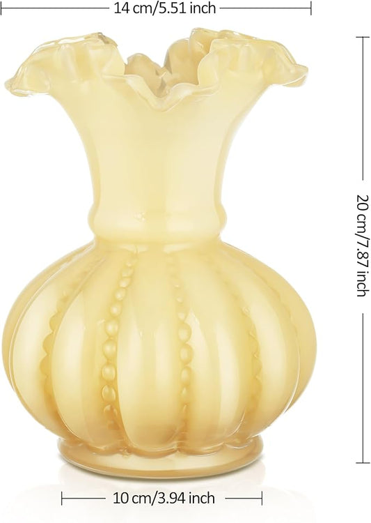 Joeyan Handmade Yellow Glass Flower Vase,7.9" Vintage Decorative Urn Vase for Centrepieces Bouquet Wedding,Colored Thickened Pedestal Vase Decorations for Rustic Home Living Room Office Farmhouse