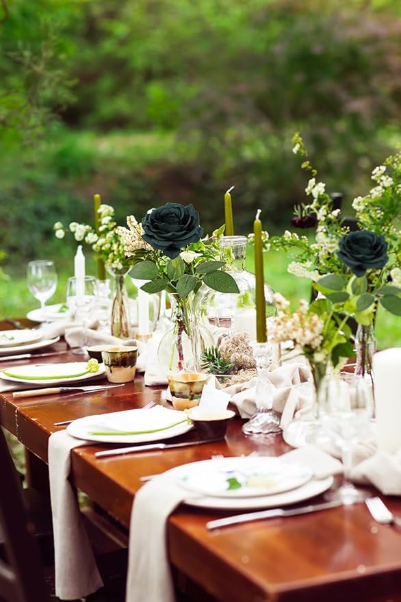 12pcs Artificial Rose Flower Dark Green Rose Emerald Green Flower with Long Stem Silk Roses Bouquet for Wedding Bridal Shower Party Home Decoration