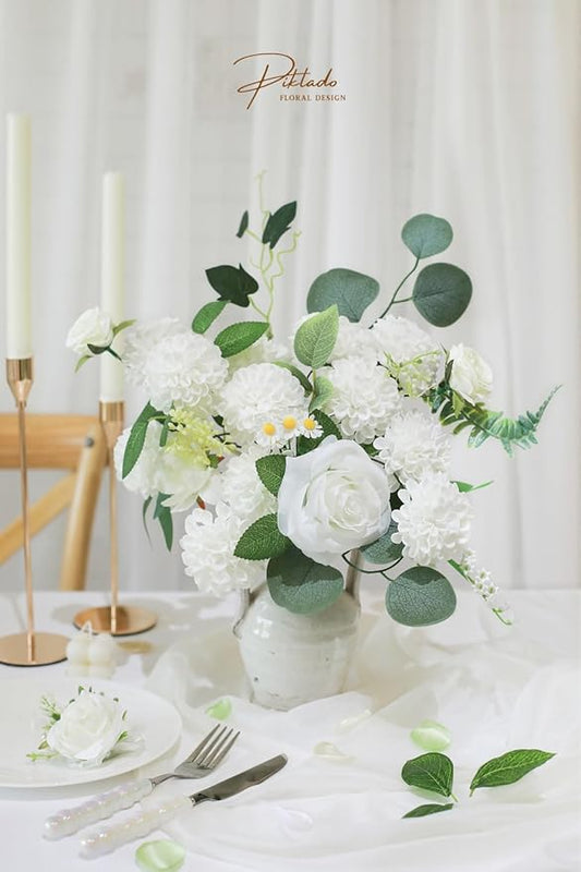 Artificial Wedding Dahlia Flowers 25 pcs Ivory Fake Roses w/Stem for DIY Wedding Decor Centerpieces Arrangements Bouquets(Ivory)