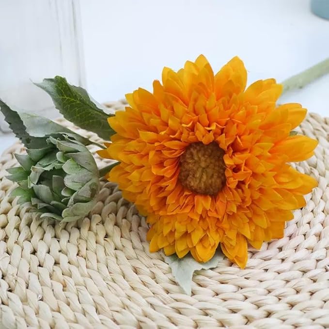 Kimura's Cabin 5Pcs Fake Sunflowers Flowers Long Stems Faux Sunflower Flowers Artificial Silk Bouquet for Wedding Autumn Home Garden Birthday Party Kitchen Table Decor (Orange Yellow)