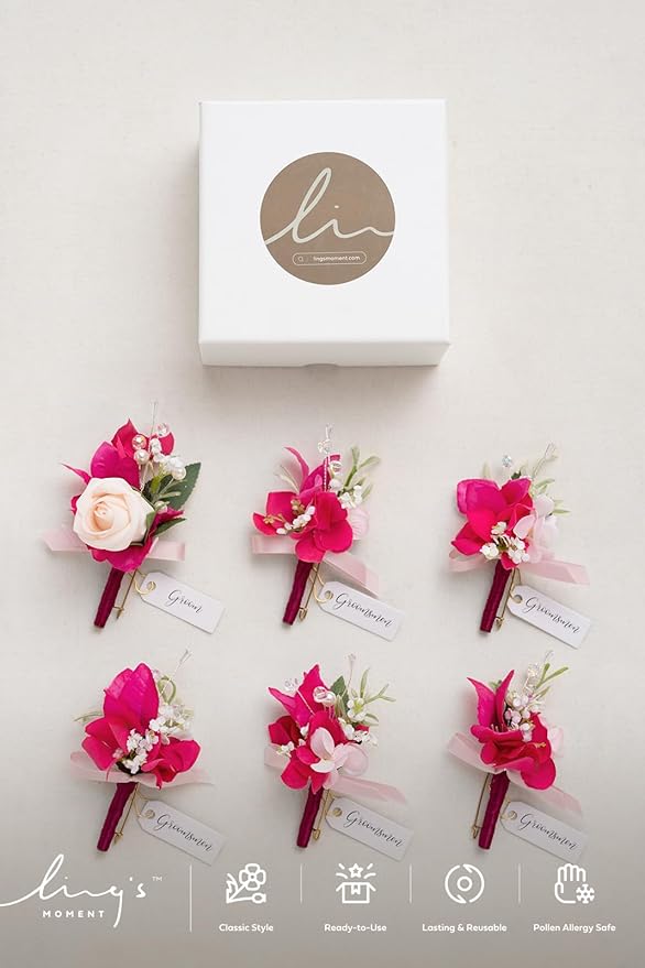 Ling's moment Boutonniere for Men, 6pcs Groom Groomsmen Boutonniere, Artificial Flowers for Wedding Decor/Prom/Homecoming, etc.Blush Hot Pink