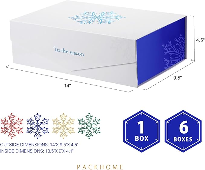 PACKHOME Large Christmas Gift Box 13.5x9x4.1 Inches, Sturdy Collapsible Gift Box with Magnetic Closure Lid (Blue Snowflake Pattern)