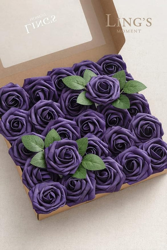 Ling's moment Artificial Flowers 25Pcs Deep Purple Roses Decor w/Stems,3" Real Touch DIY Foam Floral for Wedding Bouquet/Centerpieces, Outdoors Party Backdrop, Room/Table, and Garden/Pot Decorations