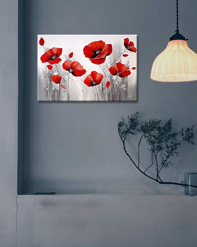 GLOKAK Red Poppies Wall Art - Modern Floral Red Poppy Flower on Grey Background Painting Poster Canvas Print Artwork For Home Bathroom Bedroom Decoration (20"x30")