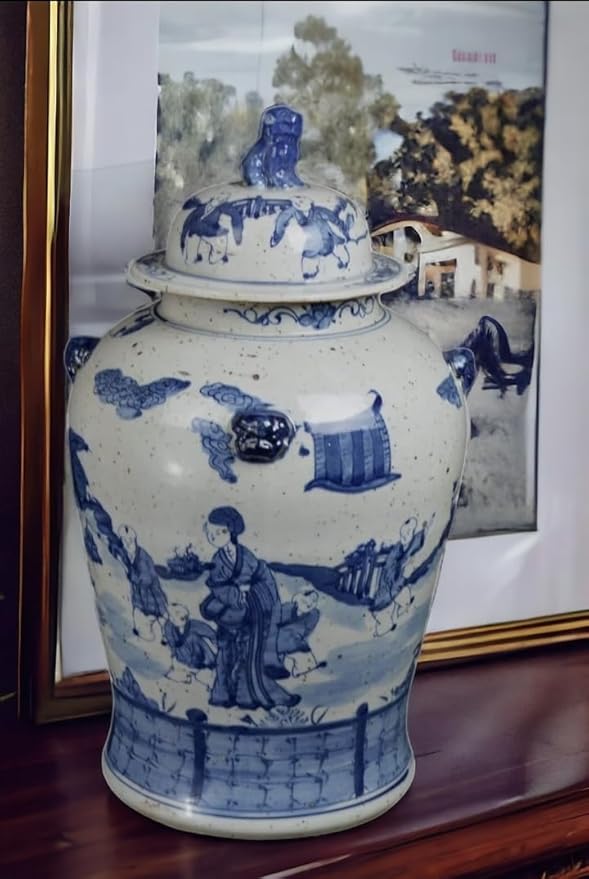19" Antique Like Finish Blue and White Ginger Jars Porcelain Children Play Temple Ceramic Ginger Jar Vase, China Ming Style, Jingdezhen (L2)