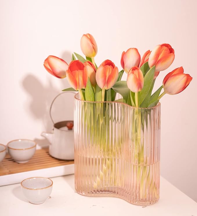 Glass Vase for Centerpieces,Modern Large Vase for Flowers,Footprint Shape Striped Bottle for Home,Office Restaurant Desk Decor 8.3 Inch(Pink)
