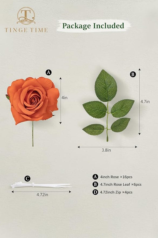 TINGE TIME Artificial Flowers Combo Box Set 16PCS Fake Rose Silk Flower with Stem for DIY Wedding Bouquets Centerpieces Baby Shower Party Home Fall Decoration (Orange)