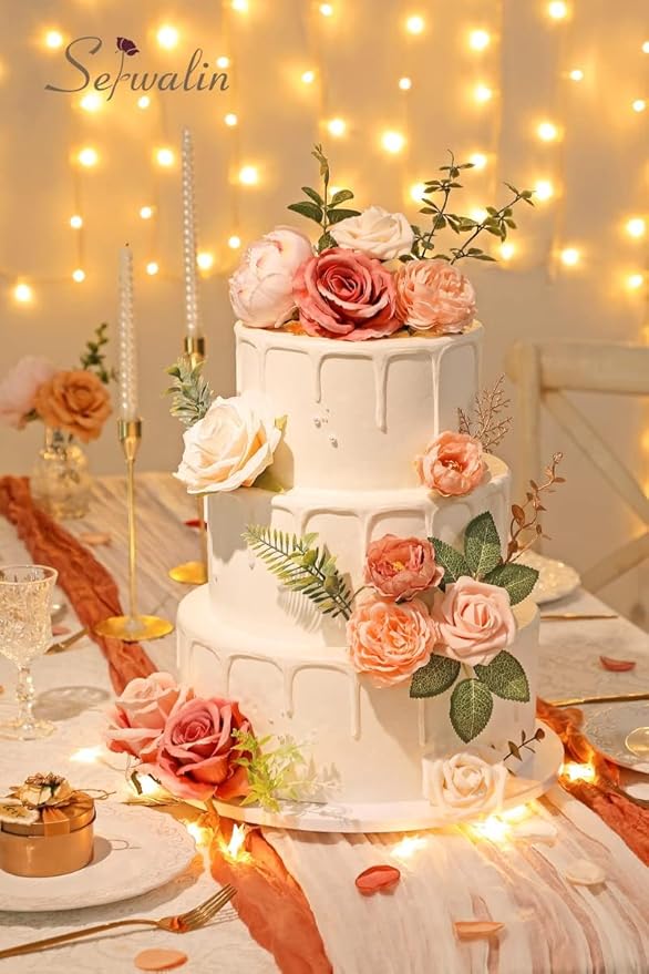 Serwalin 2 Pcs Artificial Flowers Pink Wedding Cake Flowers, Fake Dusty Roses Peonies for Bouquets Table Centerpieces Wedding Home Decor, Baby Shower Party Flowers with Stems DIY Combo