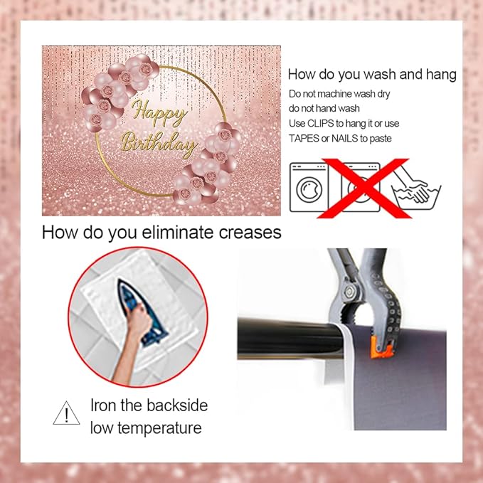 Pink Rose Gold Happy Birthday Backdrop Glitter Rose Gold Floral Balloon Bokeh Photography Background Girls Lady Sweet 16th 21th 30th Birthday Party Cake Table Photo Props 7x5FT