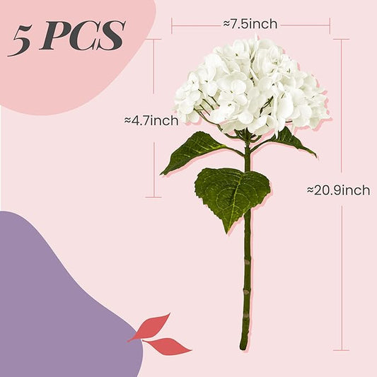 Yatim 21In White Artificial Hydrangea Flowers 5 Pcs Real Touch 3D Print Latex Flowers for Wedding Centerpieces Bouquets DIY Floral Decor Home Decoration with Stems