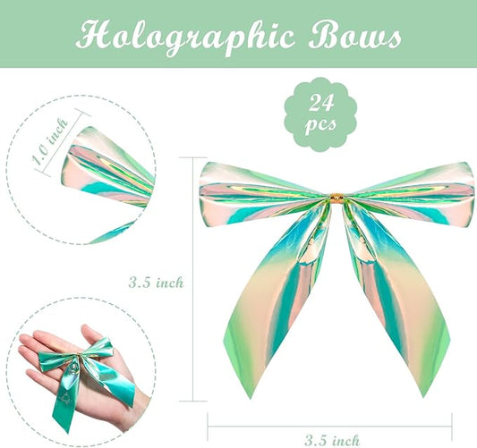 WRAPAHOLIC 24 Pcs Small Holographic Green Christmas Bows - Iridescent Green Twist Tie Bows for Christmas Tree, Wreath, Gift Wrapping, Wedding, Crafts, Home Decor - 3.5 x 3.5 inch