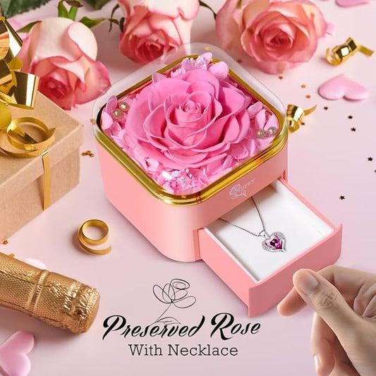 Chritmas Rose Gifts for Women,Preserved Rose with Necklace Forever Flowers Pink Rose Birthday Gifts for Women Mom Grandma Her Wife Girlfriend on Christmas Valentines Day Anniversary Birthday Gifts