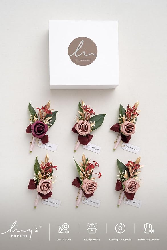 Ling's moment Boutonniere for Men, 6pcs Groom Groomsmen Boutonniere, Artificial Flowers for Wedding Decor/Prom/Homecoming, etc.Marsala Dusty Rose