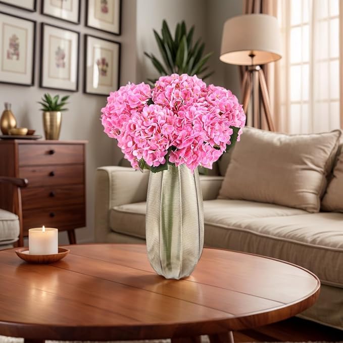 Kimura's Cabin 5Pcs 21inch Real Touch Artificial Hydrangea Flowers Lifelike Latex Hydrangeas Long Stem with Leaves Hydrangea Bouquet for Home Wedding Baby Shower Birthday Party Decoration(Rose Pink)