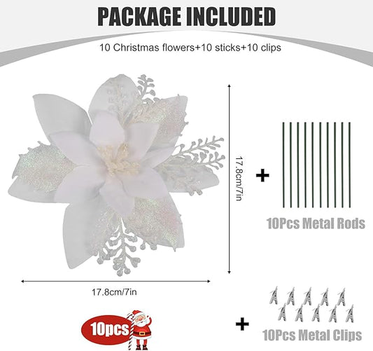 RECUTMS 10 Pcs Christmas Glitter Artificial Poinsettia Flowers 6inch Christmas Tree Decoration Christmas Wreath Holiday Seasonal Decorations (White, 6inch)