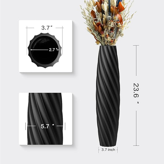 Tall Floor Vase, 23.6 inches Tall Vases Sturdy, Luxury, Textured for Decorative Branches Dried Flowers, Floor Vase for Rustic, Living Room, Shelf Decor (Black)