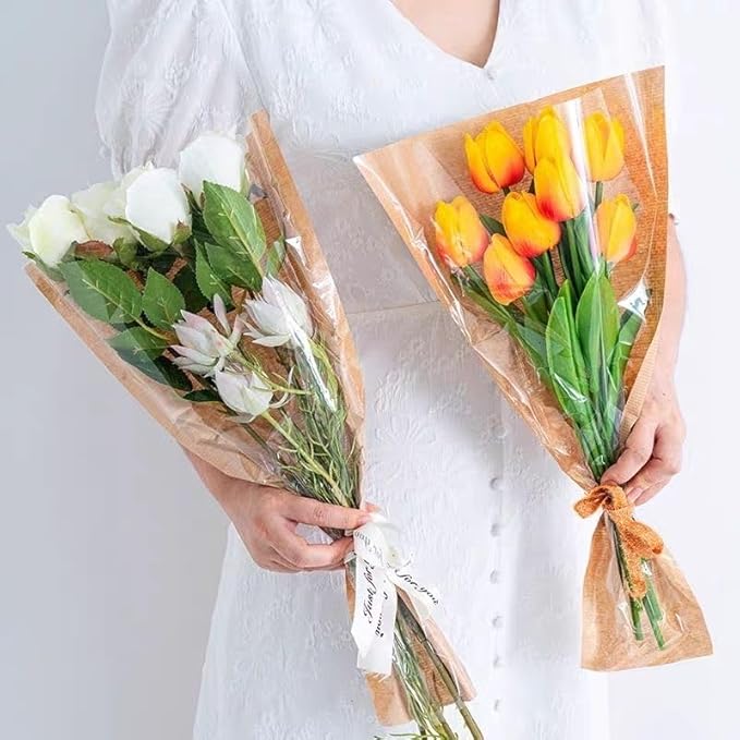 MYGOGOART 50 Pcs Flower Bouquet Wrapping Paper Flower Bags Sleeves for Bouquets Kraft Paper Floral Wrap Bags Flower Bouquet Supplies(9.4 x 17.7 x 3.5 inches)