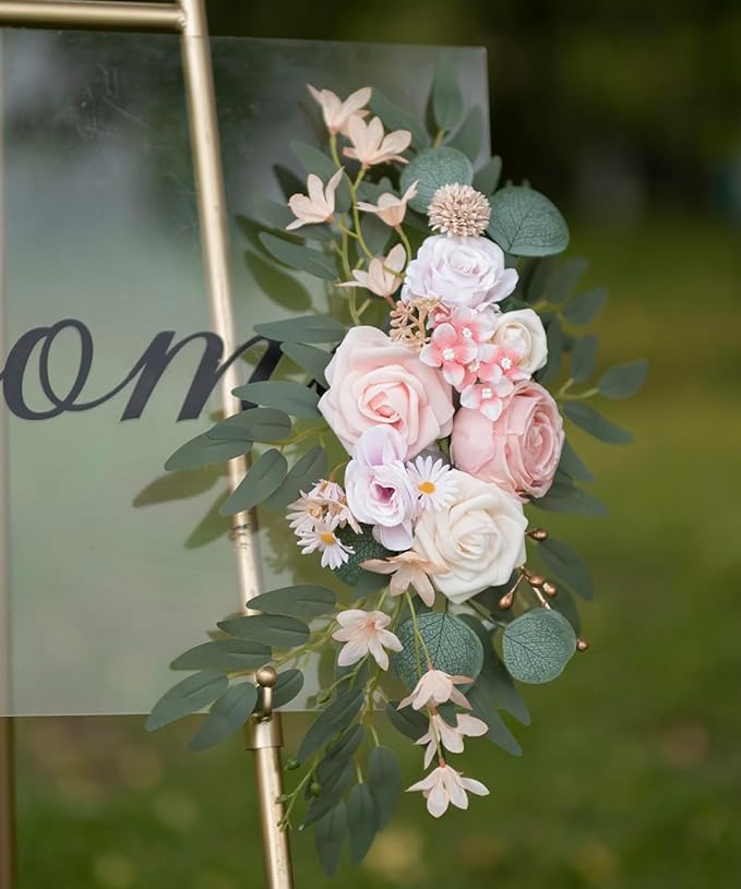 Artificial Flower Swag Wedding Arch Flowers Set of 2 Rose Flower Swag Arrangements for Wedding Party Welcome Ceremony Sign and Reception Backdrop Floral Decoration (Pink)