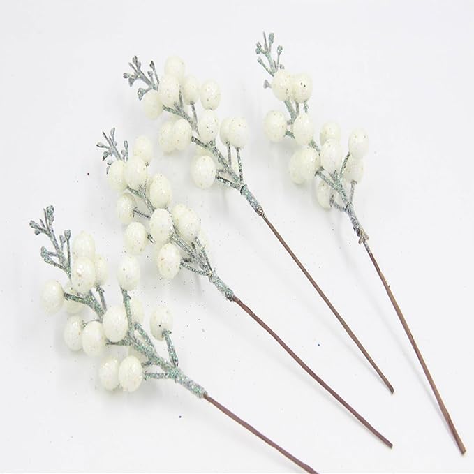 24 Pack Christmas Glitter Berries Stems, 8.66 Inch Artificial Christmas Tree Picks,Holly Berry DIY Xmas Wreath, Crafts, Holiday Clearance and Home Decor, Milk White