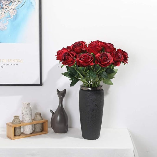 Burgundy Fake Roses Artificial Flowers - 10 Pcs Fake Artificial Roses Silk Flowers with Stems for Home Wedding Hotel Office Centerpiece Decor(Burgundy)