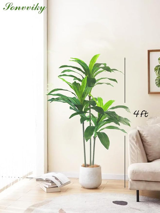 Artificial Plants Indoor-4ft Artificial Dracaena Plant – Fake Tree Realistic Fake Indoor Plant with Zero Maintenance for Home and Office Decor Sonvviky